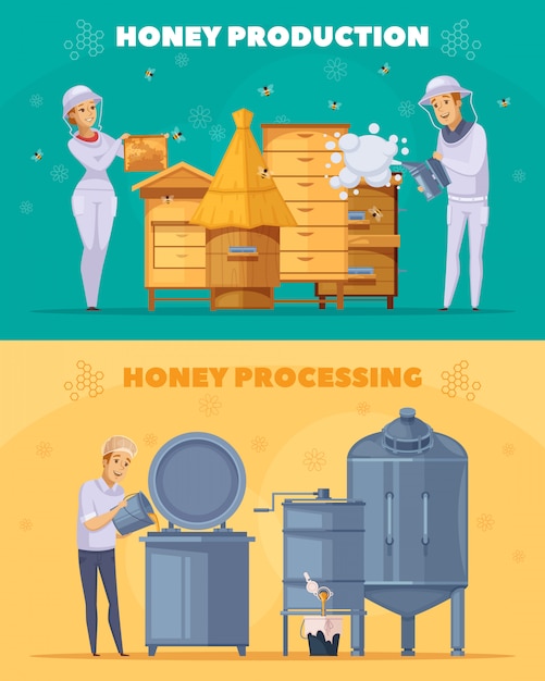 Free vector honey production cartoon horizontal banners