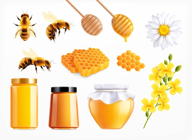 Free Vector honey realistic set with isolated icons of spoons comb and flowers with bees and full jars vector illustration