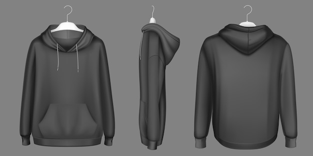 Free Vector hoody, black sweatshirt on hanger mock up front, side and back view. isolated hoodie with long sleeves, kangaroo muff pocket and drawstrings. sports, casual urban clothing, realistic 3d template