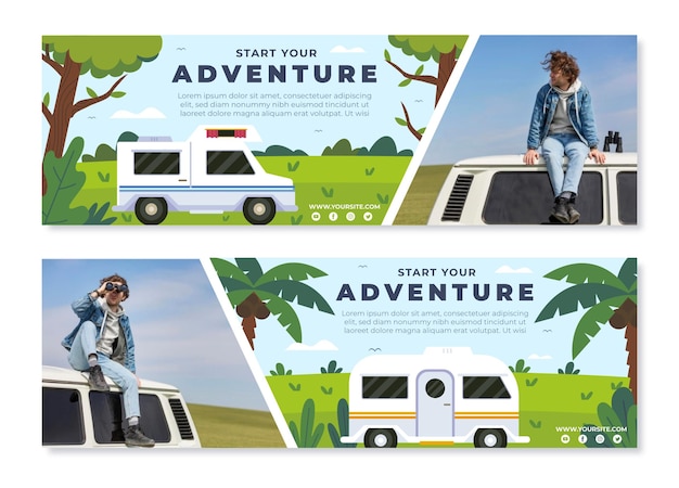 Horizontal adventure banners set with photo