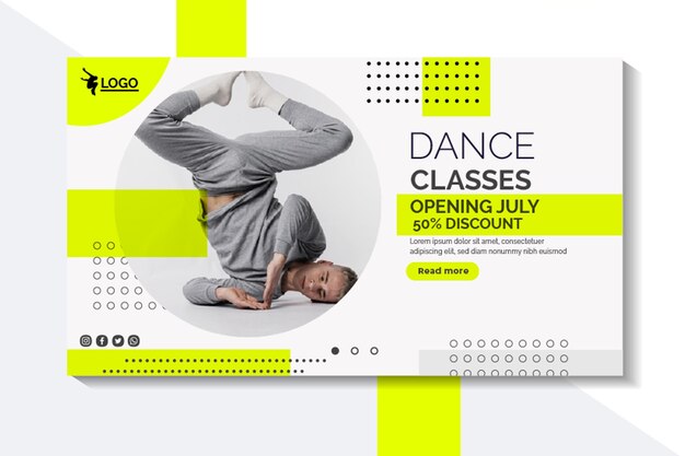 Horizontal banner template for dancing lessons with male performer