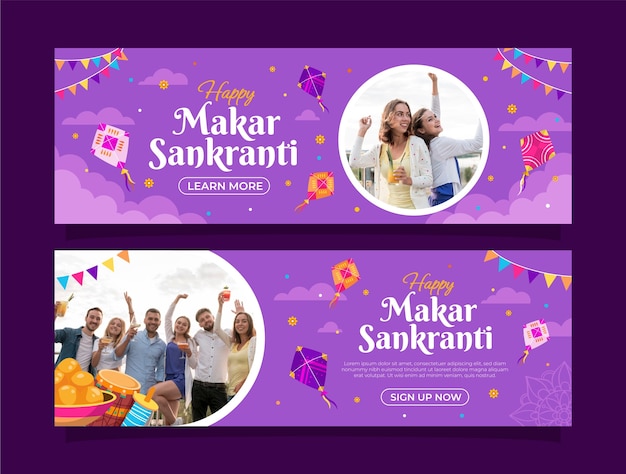 Free Vector horizontal banner template for makar sankranti festival celebration