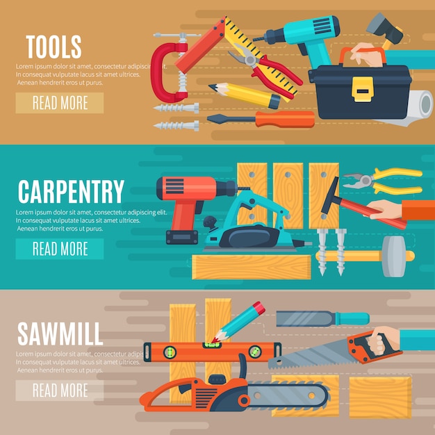 Free Vector horizontal carpentry flat banners set of woodworker tools kit and sawmill equipment