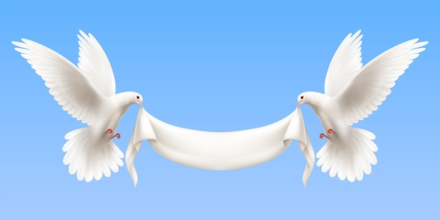 Horizontal composition with two white flying doves on blue  holding empty white banner in its beak as symbol of peace and harmony realistic