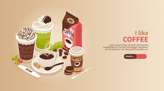 Horizontal isometric banner with cup and glasses of hot coffee with whipped cream biscuits and topping 3d 