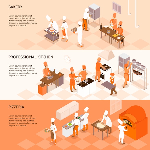 Free Vector horizontal isometric banners with staff of bakery, chefs in professional kitchen, cooking in pizzeria isolated 