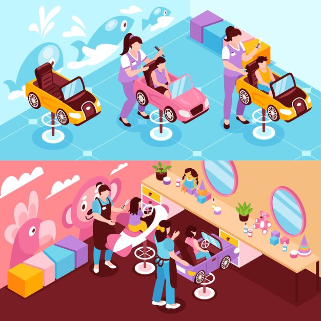 Horizontal isometric illustrations with children beauty salon