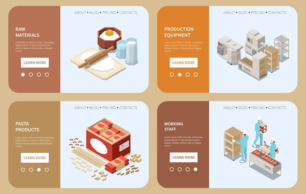 Free Vector horizontal macaroni pasta production isometric banner set