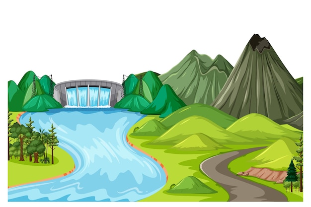 Free Vector horizontal nature landscape at daytime scene with dam and mountain