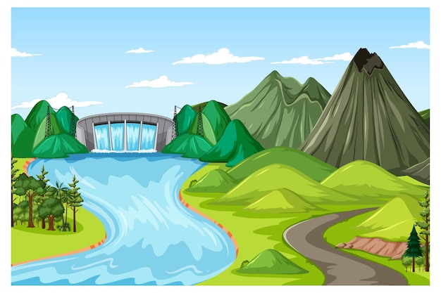 Free Vector horizontal nature landscape at daytime scene with dam and mountain