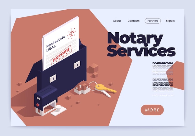 Free Vector horizontal notary services landing page isometric banner or landing page with links descriptions and more button vector illustration