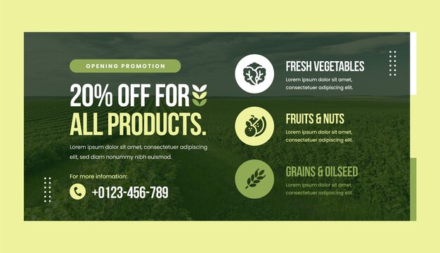 Horizontal sale banner template for agriculture and farming organic food