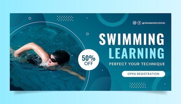 Horizontal sale banner template for swimming lessons and learning