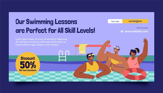 Horizontal sale banner template for swimming lessons and learning