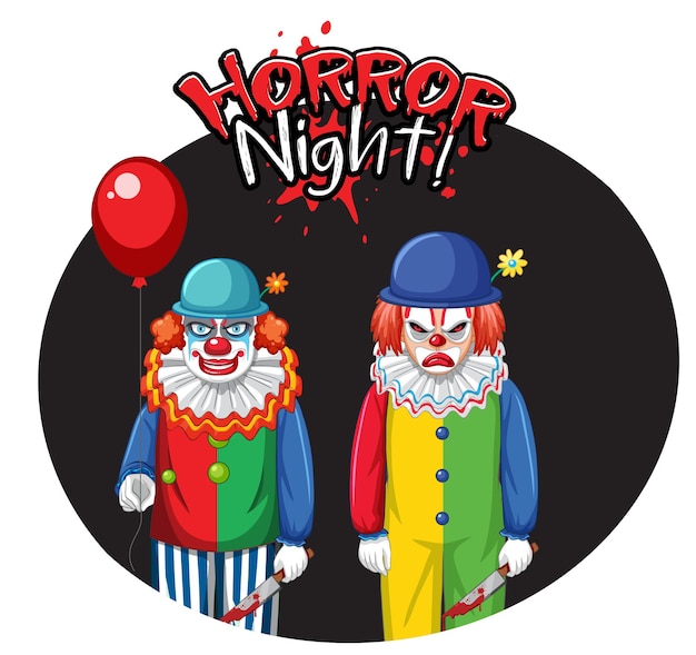 Free Vector horror night badge with two creepy clowns