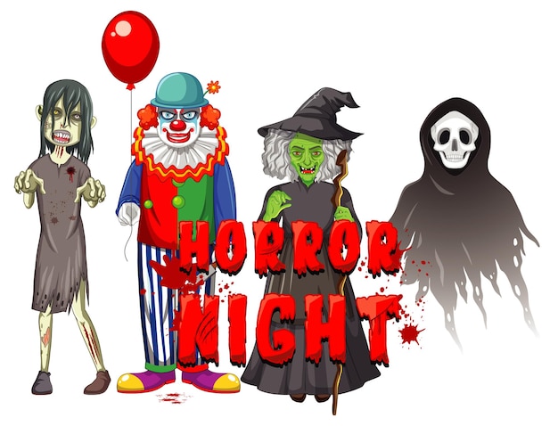 Free Vector horror night text design with halloween ghost characters