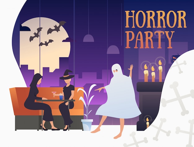 Horror party banner with Halloween characters in pub