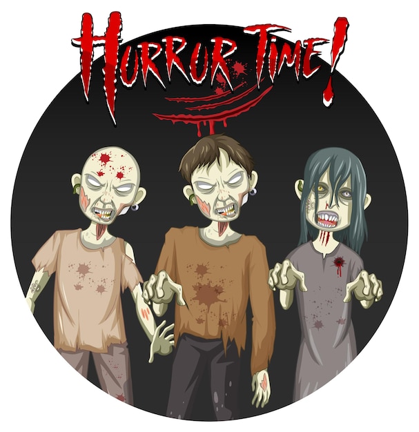 Free vector horror time text design with three creepy zombies