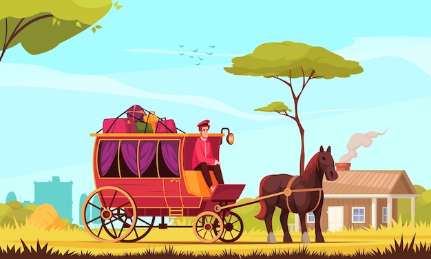 Free vector horse drawn carriage colored rustic background with coachman delivering passengers and luggage cartoon vector illustration