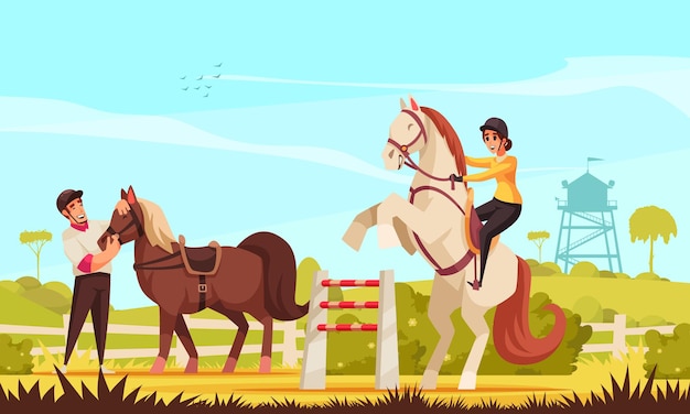 Horse riding background with sport and jockey symbols flat illustration