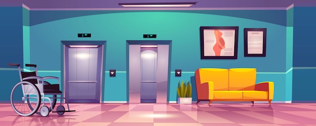 Free Vector hospital corridor with open elevator doors, yellow sofa and wheelchair.