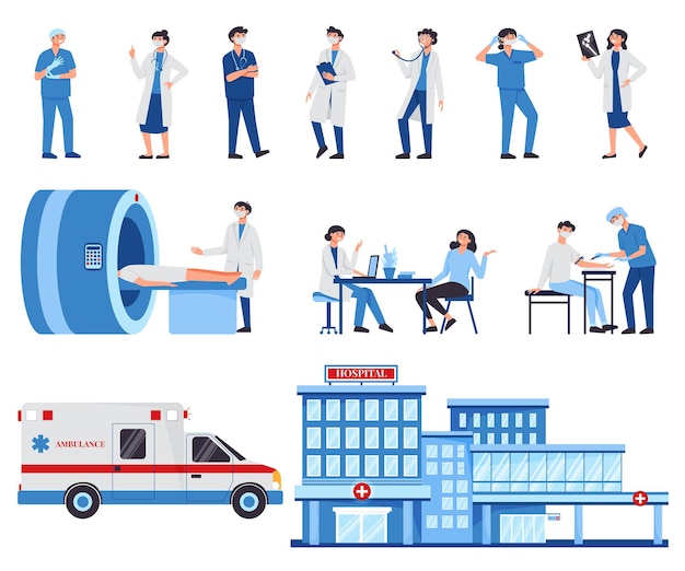 Free Vector hospital doctor set of isolated icons with human characters of medical specialisits physicians nurses and ambulance vector illustration