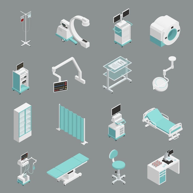 Free Vector hospital equipment isometric icons set 