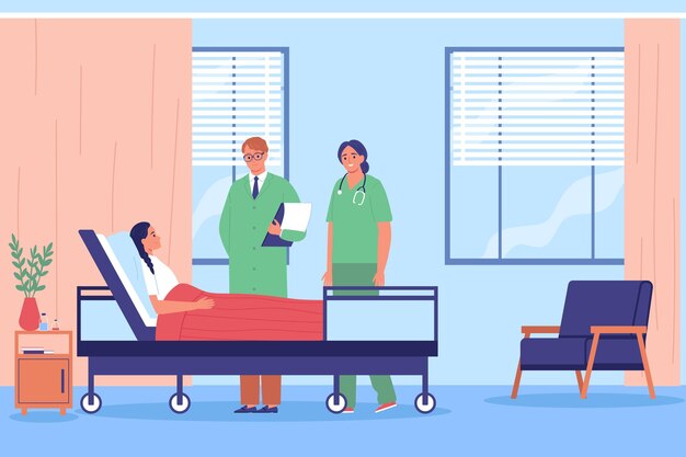 Hospital room composition with view of observation ward interior with characters of lying patient and doctors illustration