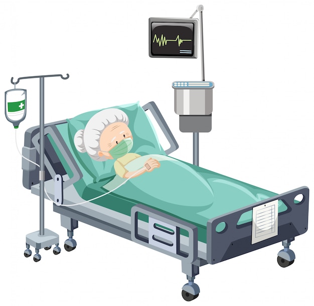 Hospital scene with sick patient in bed on white background