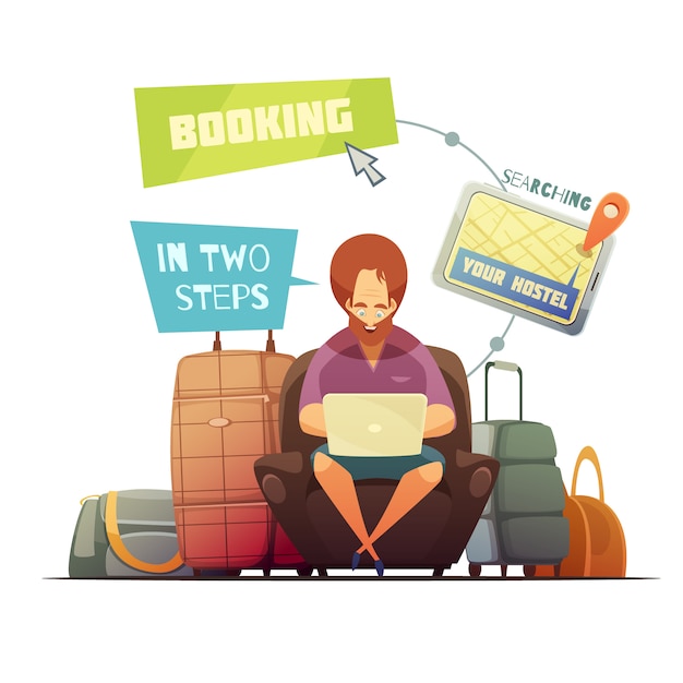 Free Vector hostel booking design concept with cartoon hipster busy online searching of guest house flat vector 