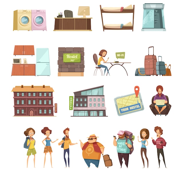 Free Vector hostel isolated retro icons set in cartoon style