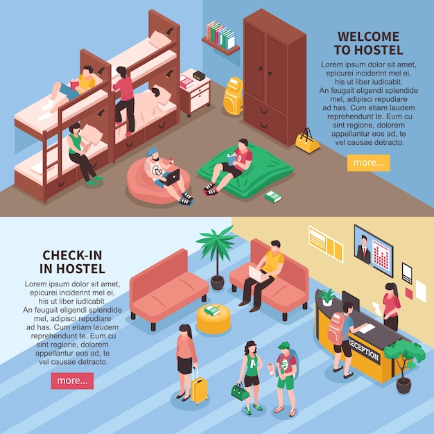 Free Vector hostel rooms isometric banners