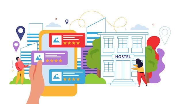 Hostel and tourists marks flat illustration