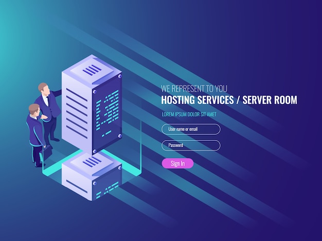 Hosting services concept, cryptocurrency and blockchain isometric composition