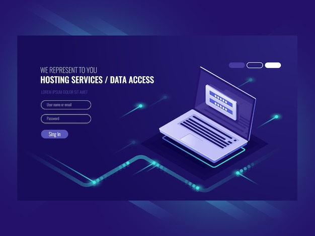 Free Vector hosting services, user authorization form, login password, registration, laptop