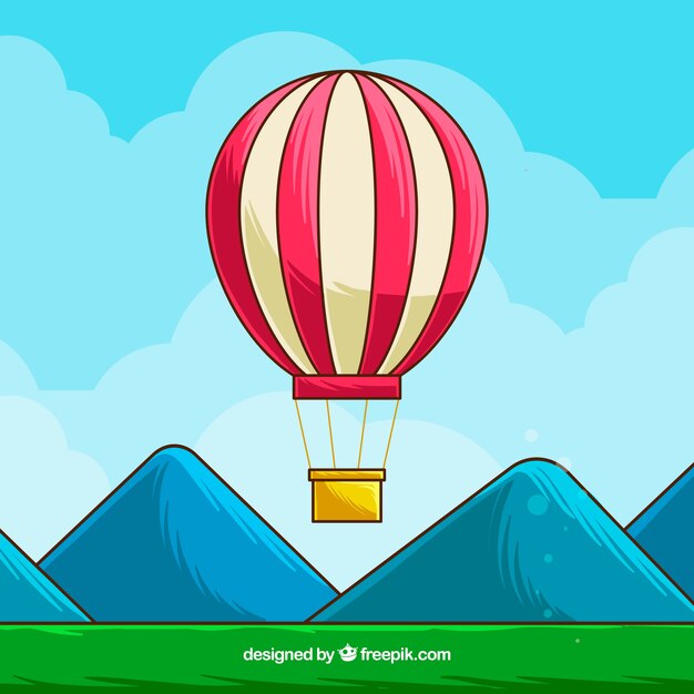 Hot air balloon background with sky in hand drawn style