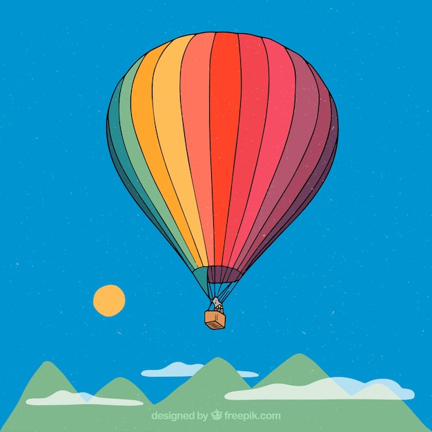 Hot air balloon background with sky in hand drawn style