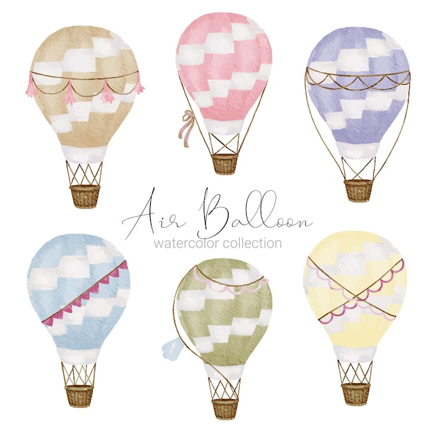 Hot air balloon designs in various watercolor styles for graphic designers to use for web sites invitation cards weddings congratulations birthdays celebrations fabric printing and publications