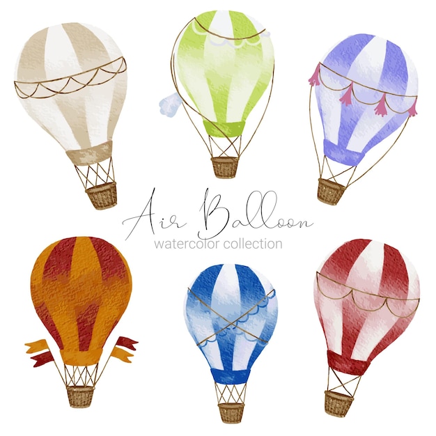 Hot air balloon designs in various watercolor styles for graphic designers to use for web sites invitation cards weddings congratulations birthdays celebrations fabric printing and publications