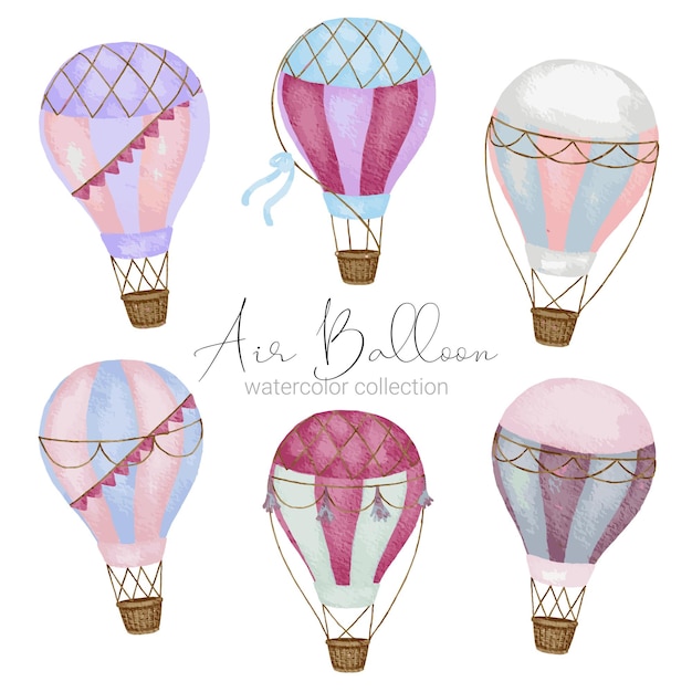 Hot air balloon designs in various watercolor styles for graphic designers to use for web sites invitation cards weddings congratulations birthdays celebrations fabric printing and publications