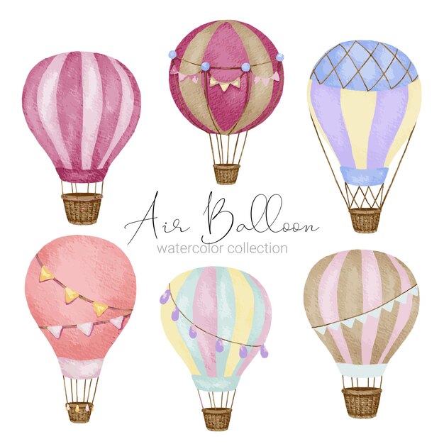 Hot air balloon designs in various watercolor styles for graphic designers to use for web sites invitation cards weddings congratulations birthdays celebrations fabric printing and publications