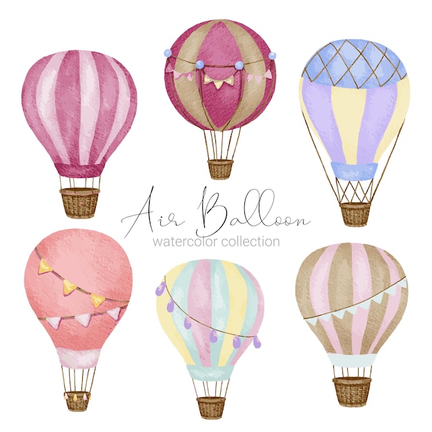 Hot air balloon designs in various watercolor styles for graphic designers to use for web sites invitation cards weddings congratulations birthdays celebrations fabric printing and publications