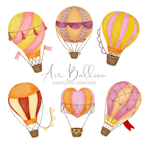 Hot air balloon designs in various watercolor styles for graphic designers to use for web sites invitation cards weddings congratulations birthdays celebrations fabric printing and publications