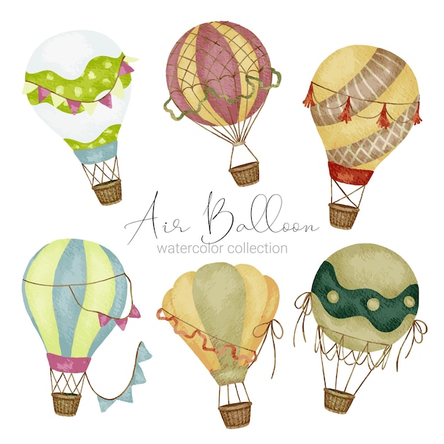 Hot air balloon designs in various watercolor styles for graphic designers to use for web sites invitation cards weddings congratulations birthdays celebrations fabric printing and publications