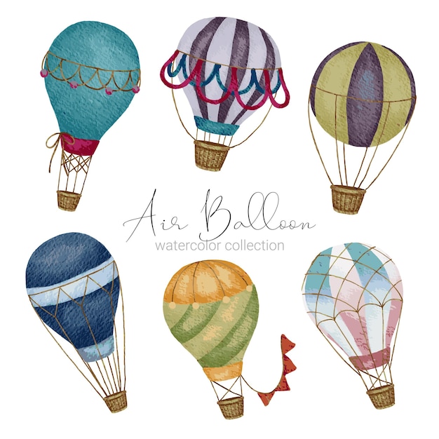 Hot air balloon designs in various watercolor styles for graphic designers to use for web sites invitation cards weddings congratulations birthdays celebrations fabric printing and publications