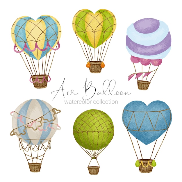 Hot air balloon designs in various watercolor styles for graphic designers to use for web sites invitation cards weddings congratulations birthdays celebrations fabric printing and publications