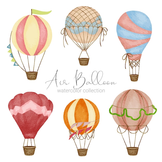 Hot air balloon designs in various watercolor styles for graphic designers to use for web sites invitation cards weddings congratulations birthdays celebrations fabric printing and publications