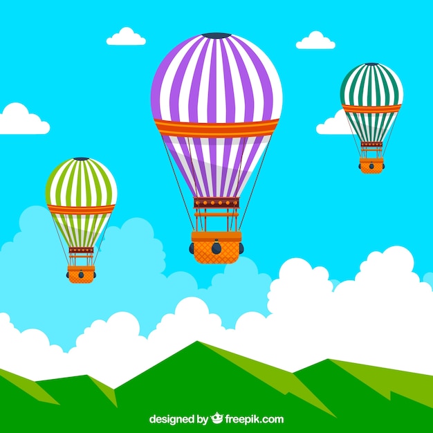 Hot air balloons background in the sky with clouds