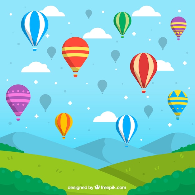 Hot air balloons background in the sky with clouds