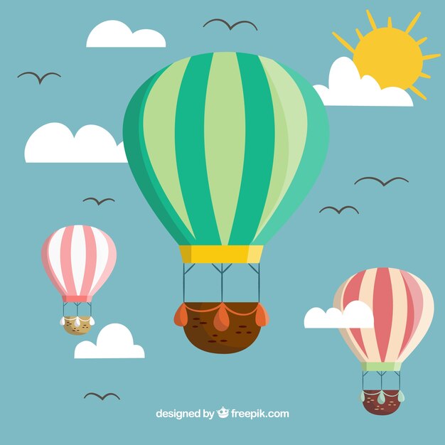 Hot air balloons background with sky in hand drawn style